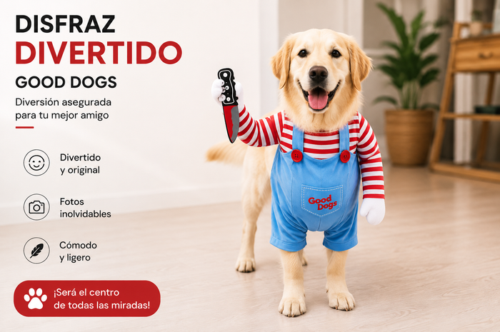 Disfraz de Chucky para Perro y Gato - Halloween con Cuchillo de Juguete